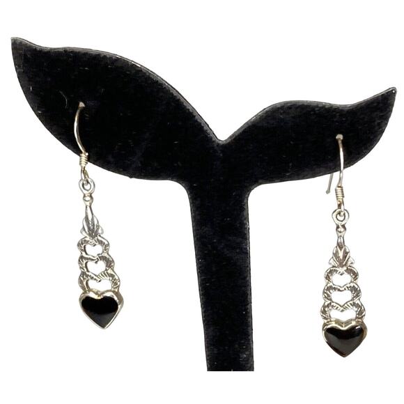 Vintage 9.25 Sterling Silver & Black Onyx Heart Drop Dangle Earrings - Picture 1 of 6
